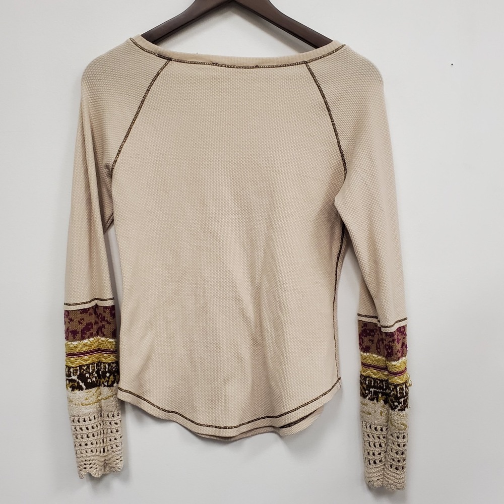Chelsea & Theodore Boho Thermal Shirt Size XS Contrast Cuff Granola Hippie Tan - Picture 3 of 11